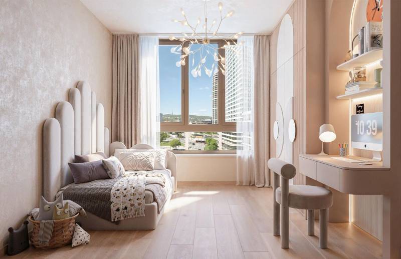A bright children's room with wood-patterned flooring, a bed, and a desk in a 3-room apartment.
