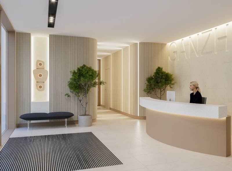 A reception with wooden decor, modern furniture, and plants in a 3-room apartment.