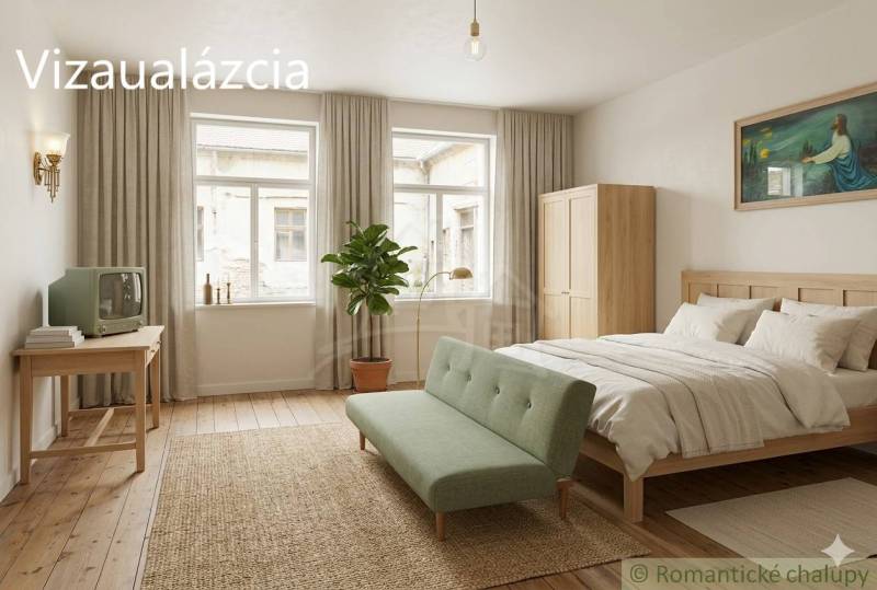 Bright bedroom in a family house with a bed, sofa, and wooden decor flooring.