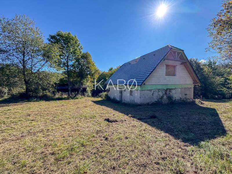 A small house on a sunny plot, surrounded by trees in the Lackov region.