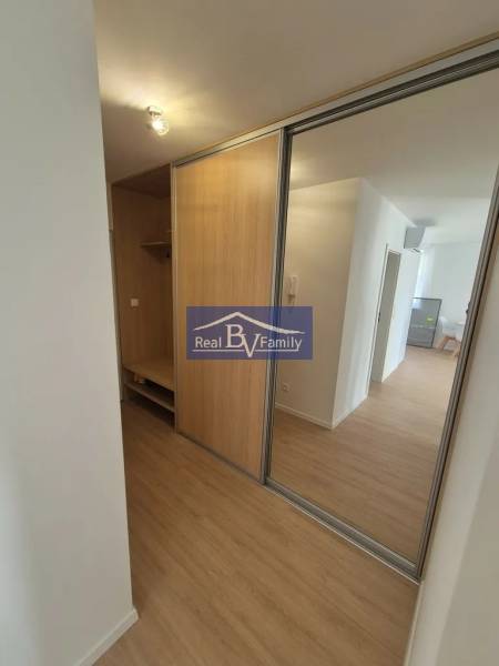 A wardrobe in a 2-room apartment with sliding mirror doors and a wooden decor floor.