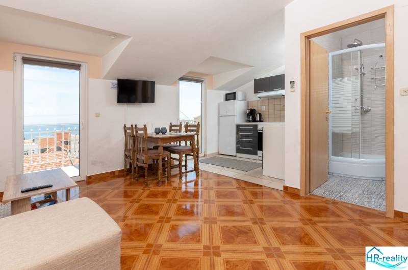 A holiday apartment with a sea view, kitchen, and dining table.