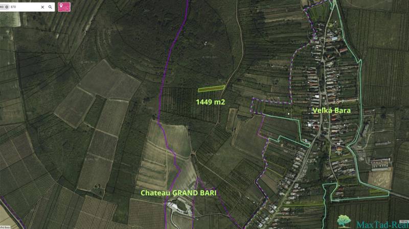 Aerial view of vineyards in Bar with marked parcel 1449 m².