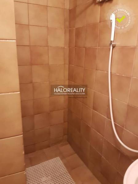 A bathroom in a family house with tiles and a shower.