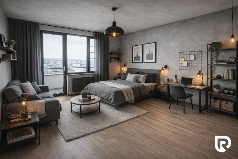 Stylish studio apartment with a sofa, bed, desk, and floor with wooden decor.