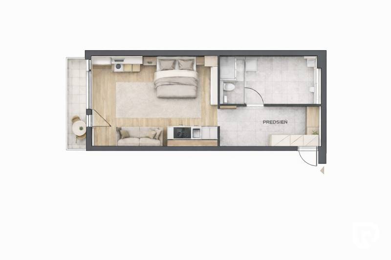 Studio layout with a bed, sofa, kitchen, and bathroom. Floor with wood decor.
