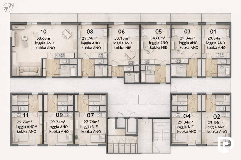 Floor plan of studio apartments with loggias and storage rooms, illustrating the distribution of spaces and equipment.