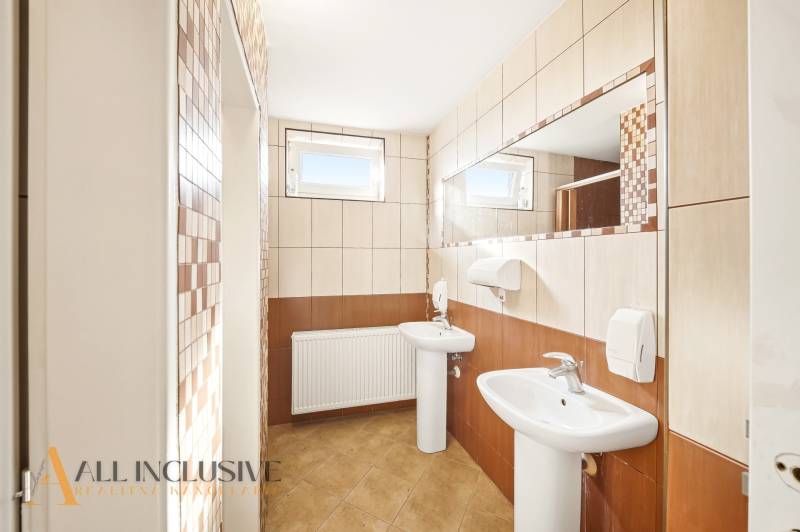 Interior of commercial premises with two sinks, a large mirror, and tiled walls.