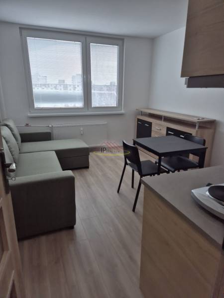Studio apartment with wood-patterned flooring, bright interior, comfortable sofa, dining table.
