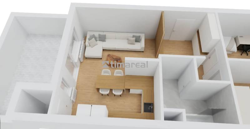 3D floor plan of a 3-room apartment with a sofa and a dining table, floor with wooden decor.
