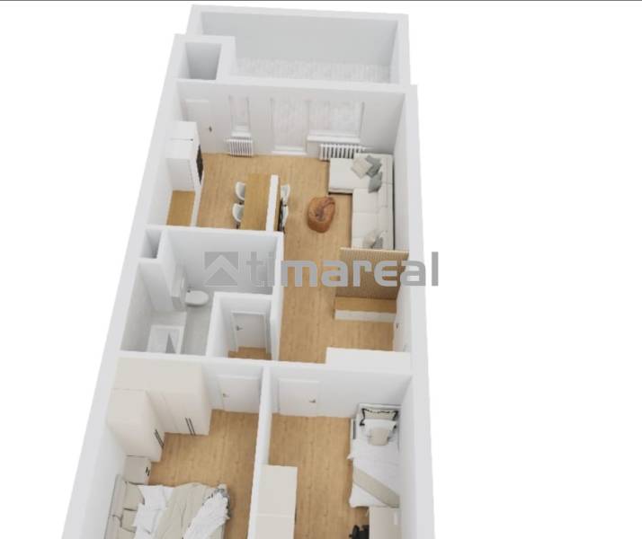 Floor plan of a 3-room apartment with wood-patterned floors and functional room arrangement.