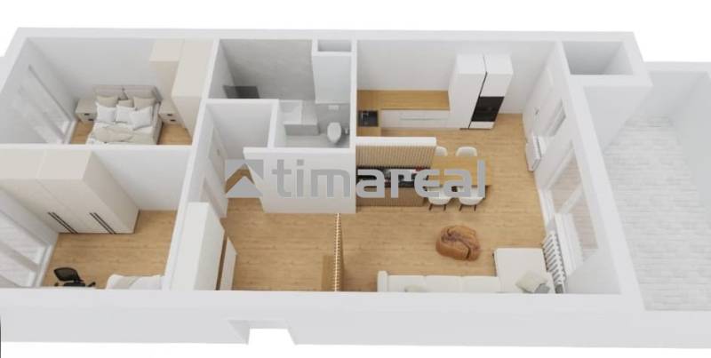 Floor plan of a 3-room apartment with wood-patterned flooring and furnishings.