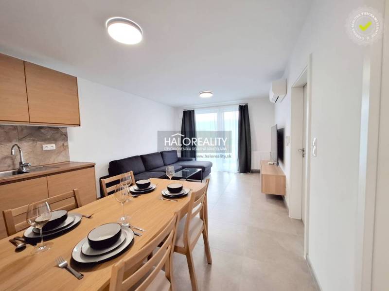 Kitchen and living room in a 2-room apartment with a dining table, sofa, and television.