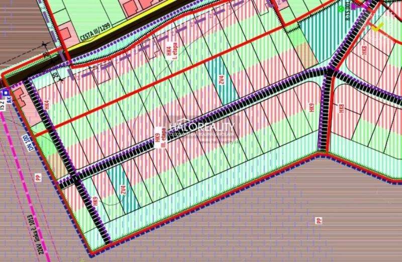 Land plan for housing in Horná Krupá with marked roads and construction phases.