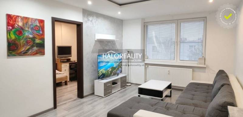 Living room in a 3-room apartment with a wooden decor floor and a sofa bed.