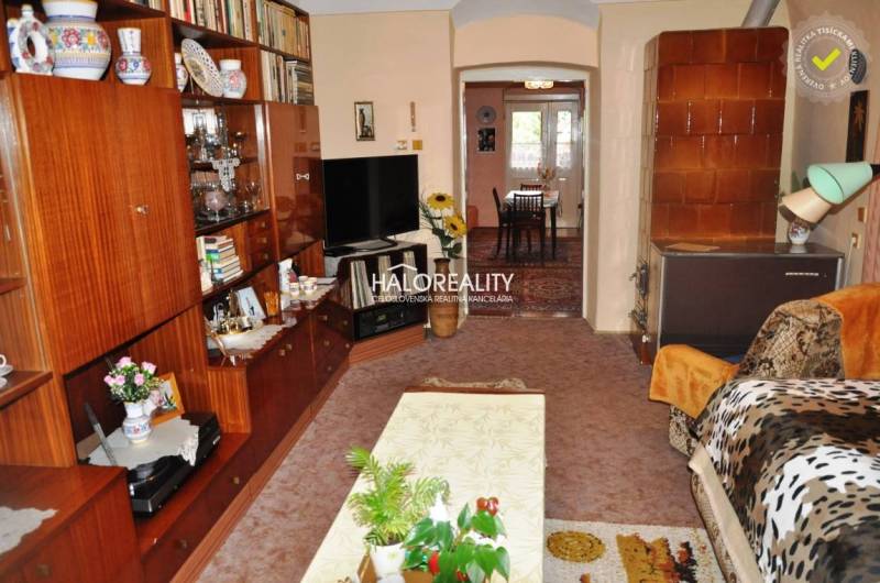 Living room of a family house with a wooden wall unit and cozy furnishings.