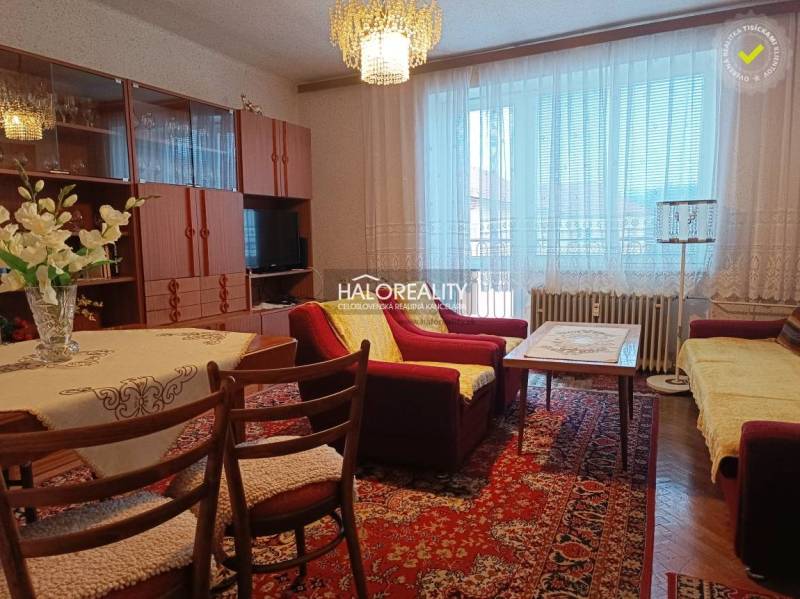 Living room in a two-room apartment with a sofa, carpet, and a display cabinet with a wooden decor.