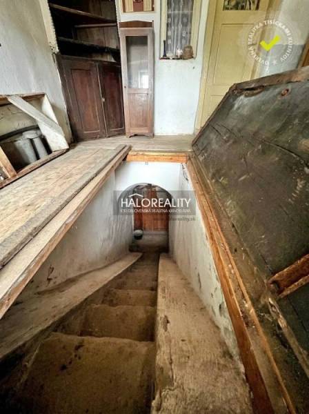 Interior with stone stairs leading to the basement, antique furniture, gardens.