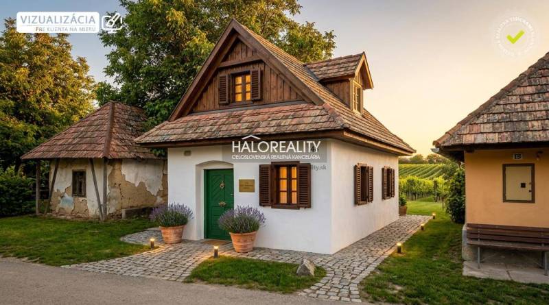 Traditional garden houses in Mýtne Ludany, surrounded by greenery and vineyards.