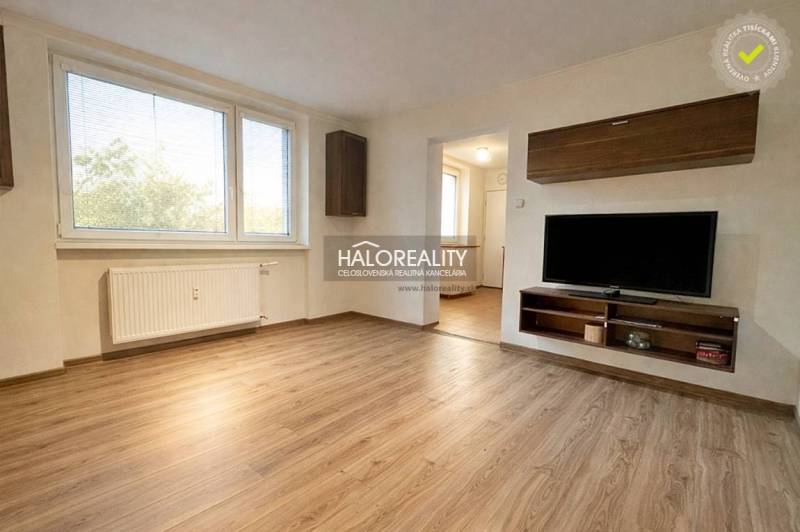 Living room with TV, wooden decor flooring, 4-room apartment with large windows.