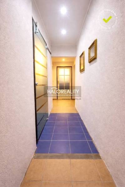 A hallway with blue tiles and glass doors in a 4-room apartment.