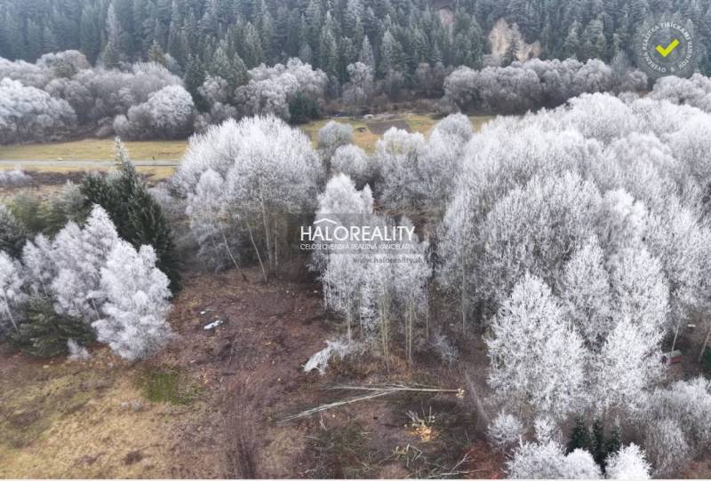 Snow-covered recreational plots in Liptovský Ján, surrounded by dense forest and nature.