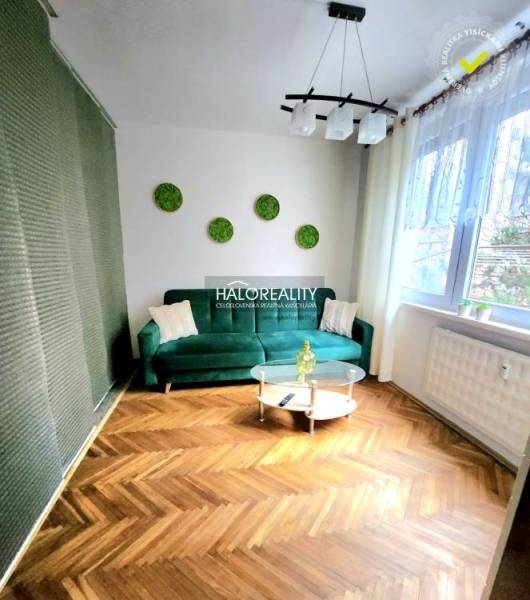 A living room with wood-patterned flooring, a green sofa, and a round table in a studio apartment.
