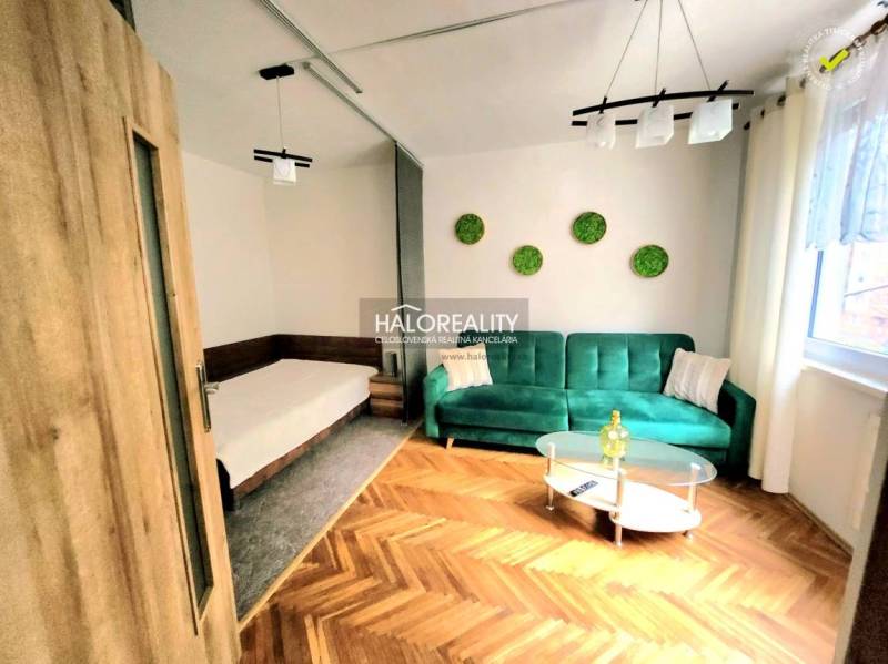 Living room with a sofa, bed, and wood-patterned flooring in a studio apartment.
