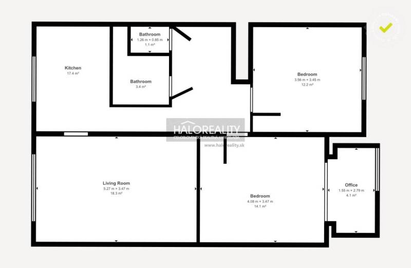 Floor plan of a 3-room apartment in Poltár with a kitchen, living room, and bathroom.
