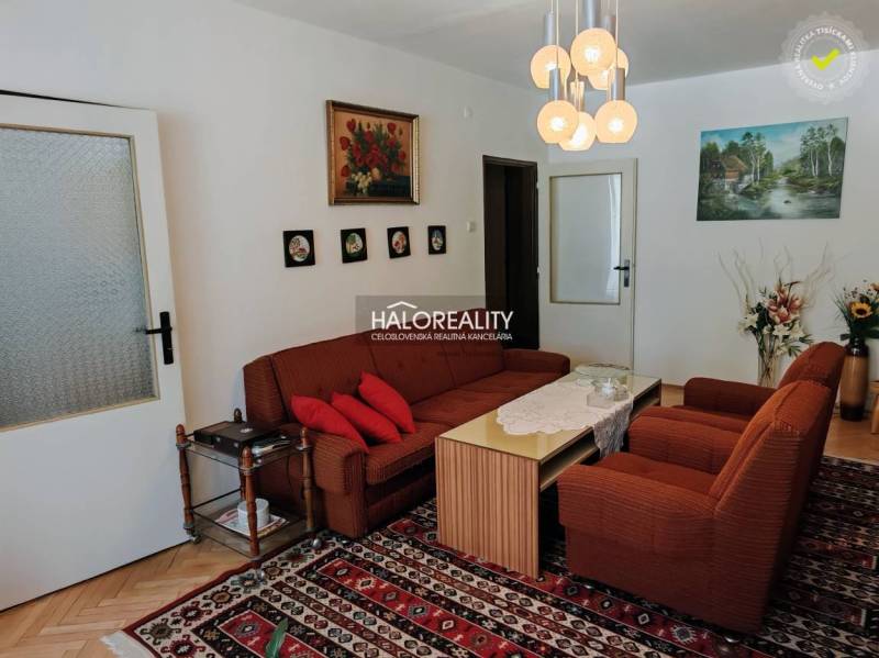 Living room of a 3-room apartment with a wooden decor floor, carpet, and sofa.