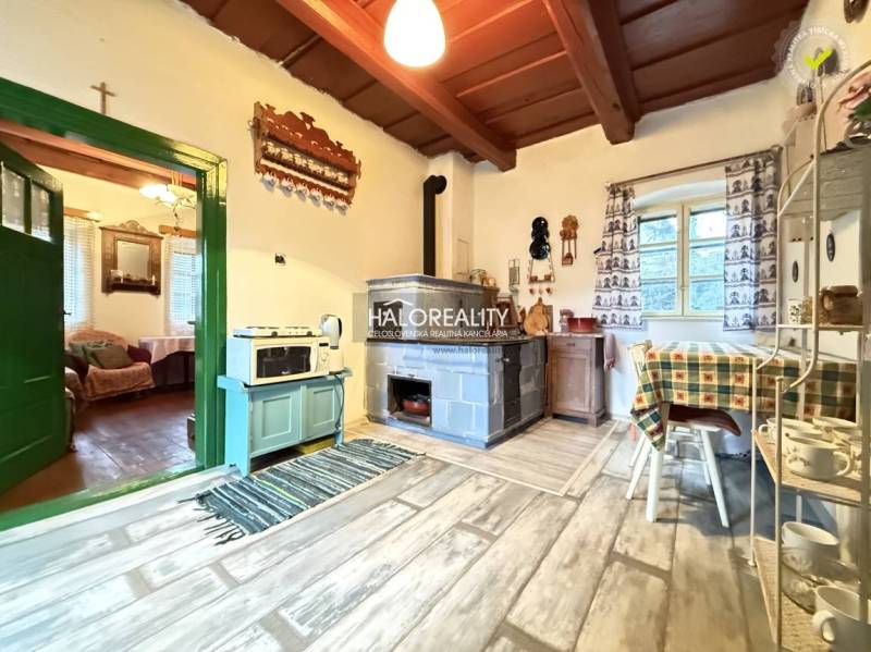 The interior of a cabin with a stove, tiles, and a floor with a wood decor.