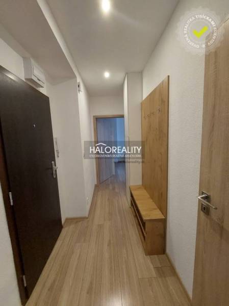 A hallway in a 2-room apartment with a wooden decor floor and a coat rack wall.