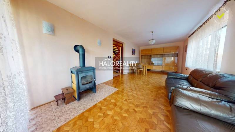 Living room in a family house with a fireplace, sofa, and wood-patterned flooring.