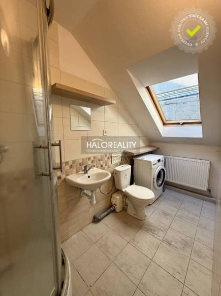 A bathroom in a studio apartment with a washing machine, a sloped ceiling, and a shower corner.