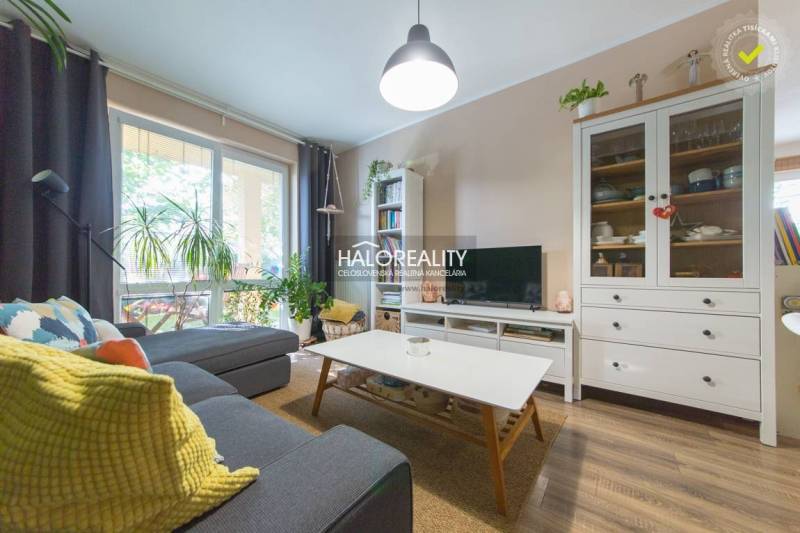 Living room in a 3-room apartment with a comfortable sofa, light, and wooden decor flooring.
