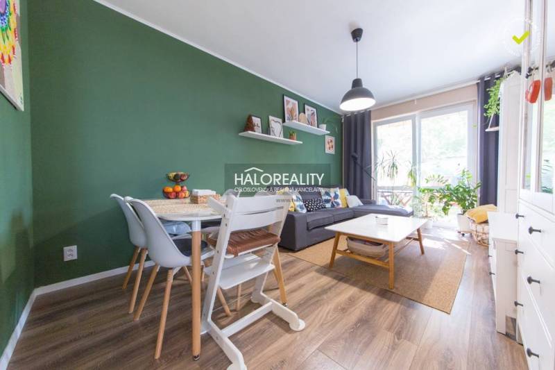 Living room in a three-room apartment with a wooden decor floor, green walls, and large windows.