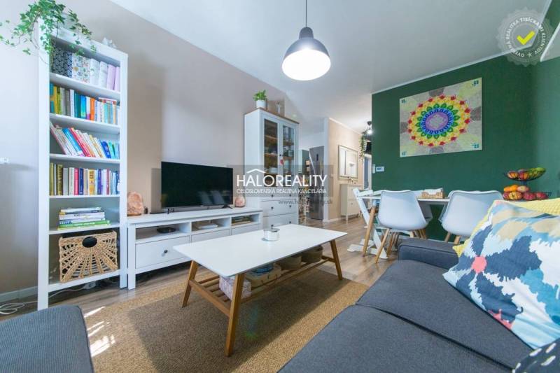 Living room in a 3-room apartment with a green wall and a wooden decor floor.