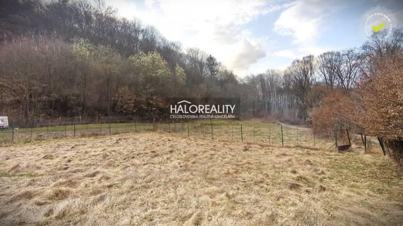 Recreational plots in Ladomerská Vieska with a fenced grassy area surrounded by forest.