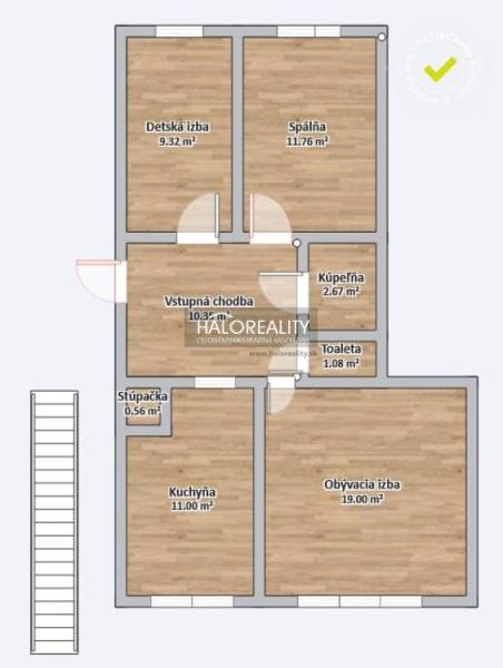 Floor plan of a 3-room apartment with a practical layout, floors with a wooden decor.