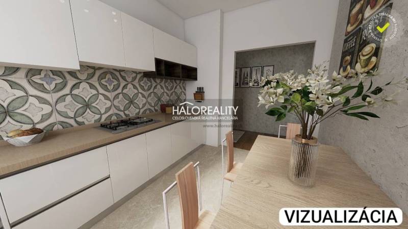 A kitchen in a 2-room apartment with tiles and wooden decor.
