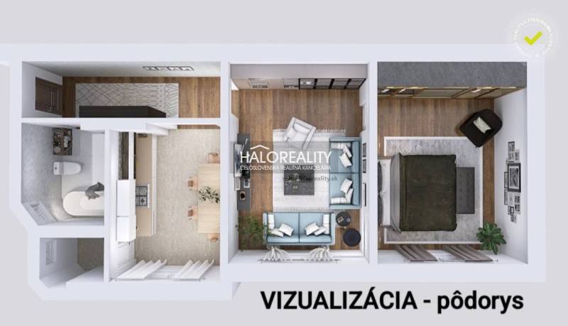 Floor plan visualization of a 2-room apartment with a wooden decor floor.