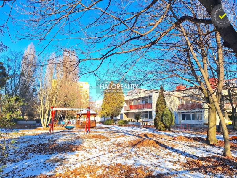 A children's playground in the winter environment of Petržalka, surrounded by trees and apartment buildings.