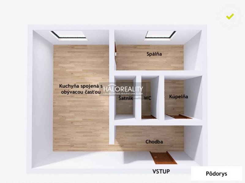 Floor plan of a 2-room apartment with wood-patterned flooring and a kitchen connected to the living room.