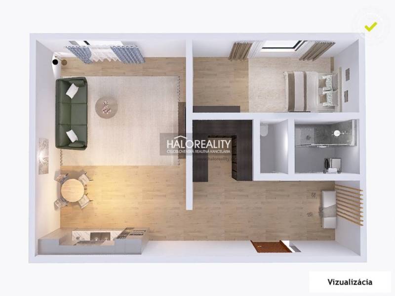 Visualization of a 2-room apartment with a kitchen, living room, and wooden decor flooring.