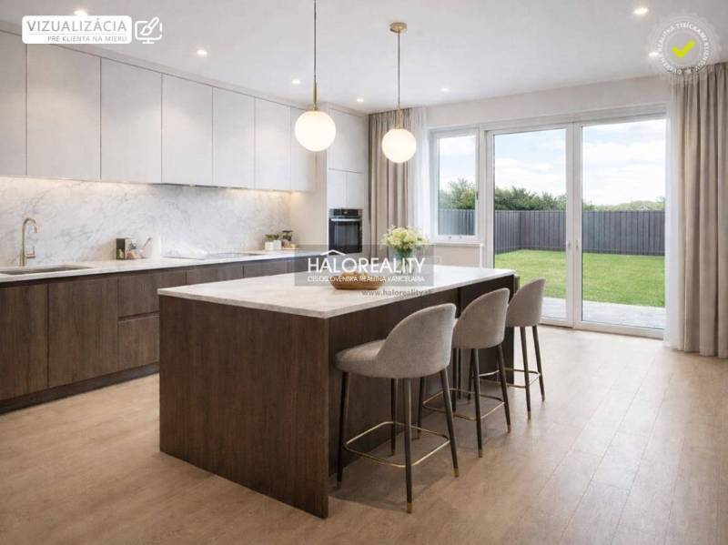 A family house kitchen with an island, a marble countertop, and a wooden-patterned floor.