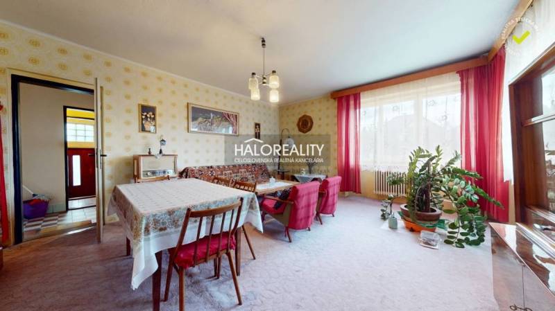 Living room in a family house with a dining table and plants in the corner.