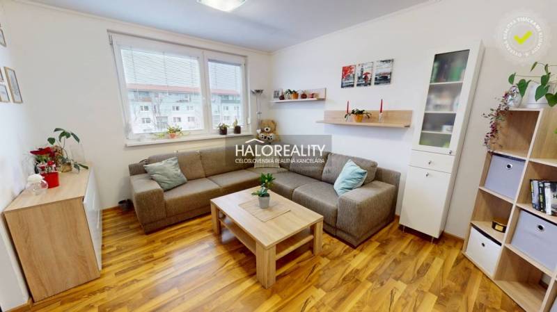 Living room in a two-room apartment with a wooden decor floor and a comfortable sofa.