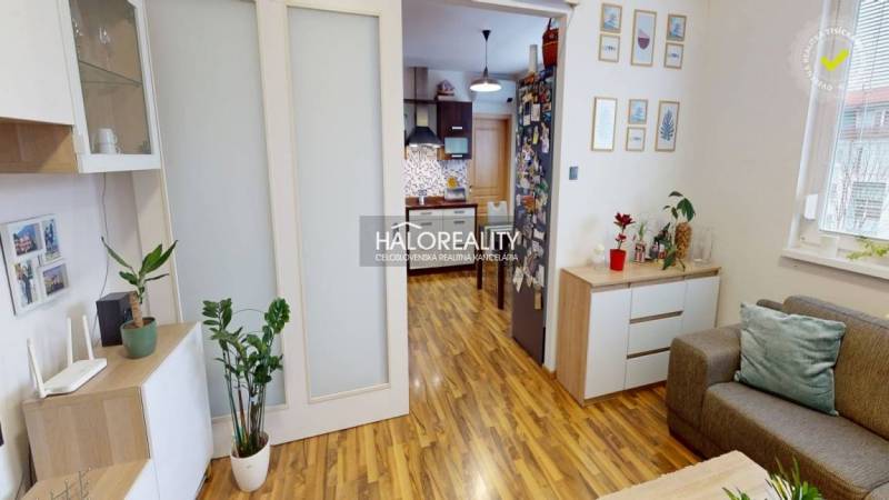 Living room of a two-room apartment with a wooden decor floor and a kitchen in the background.