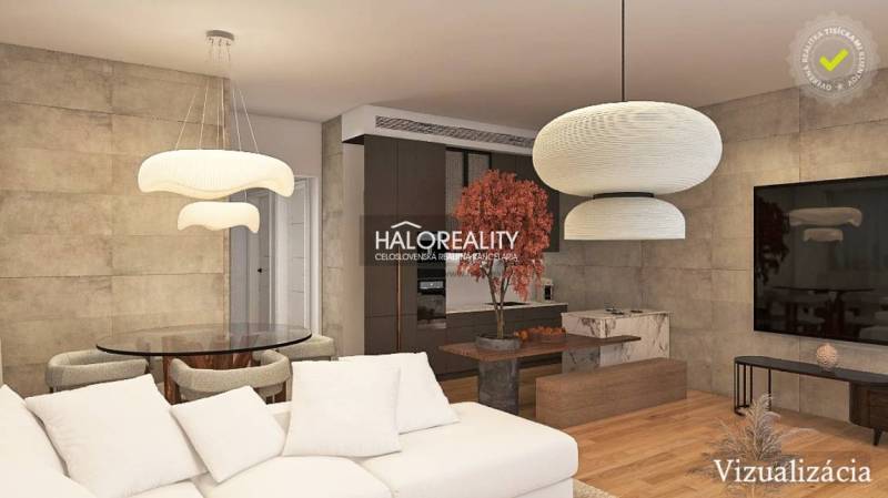 Living room with wood-patterned flooring in a 3-room apartment, modern lighting.
