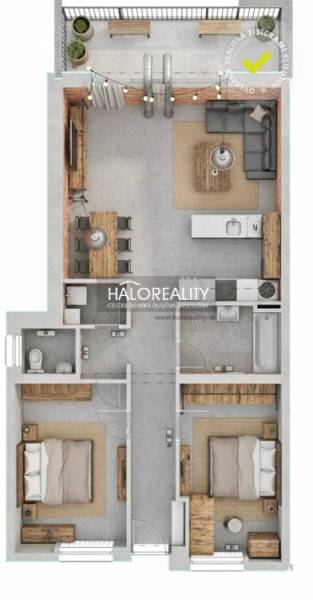 Floor plan of a 3-room apartment with wood-patterned flooring and two bedrooms.